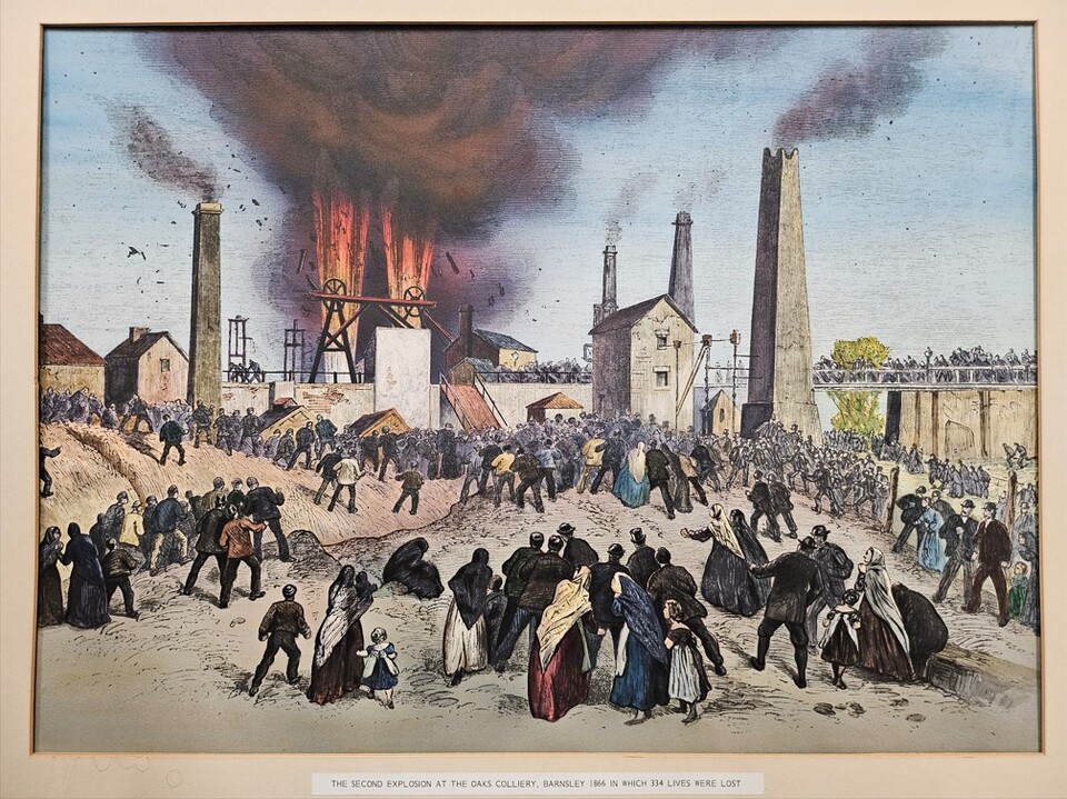 Drawing showing people watching fire erupting from the pit shaft